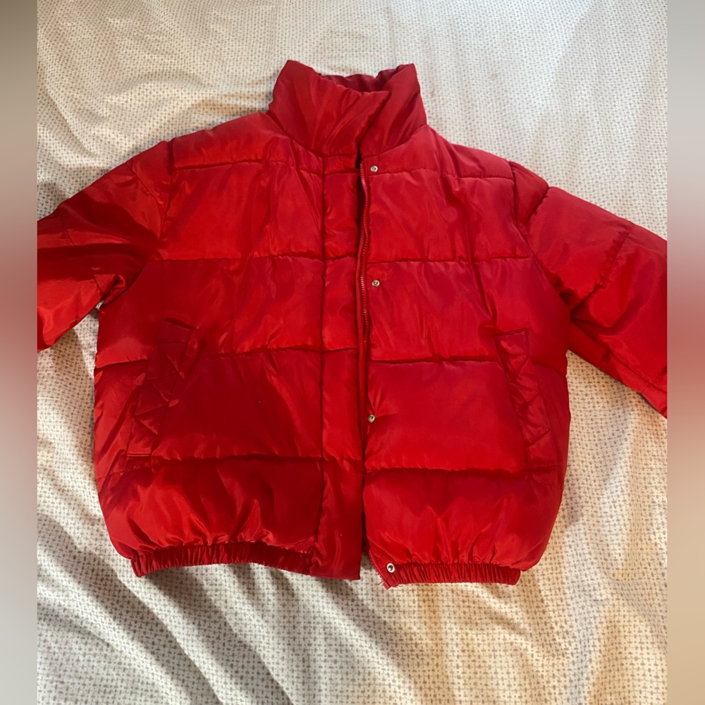 Red puffer jacket